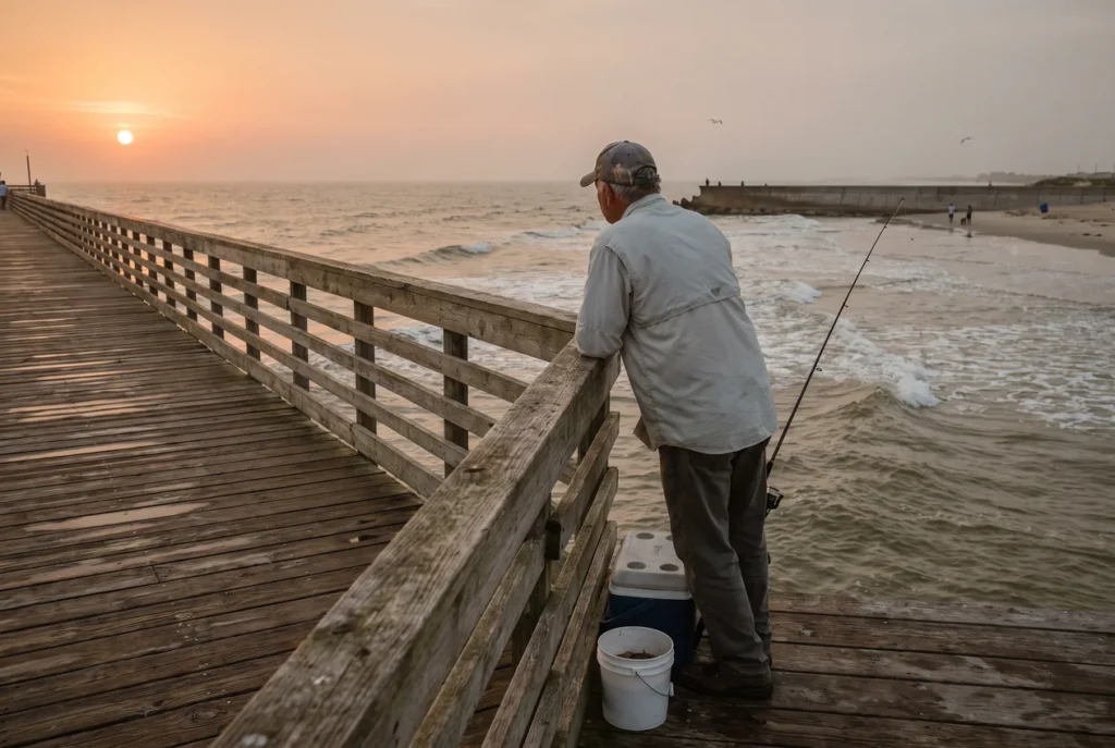 An angler on a wooden Gulf fishing pier at sunrise, rod in hand, Galveston beach and the Seawall behind