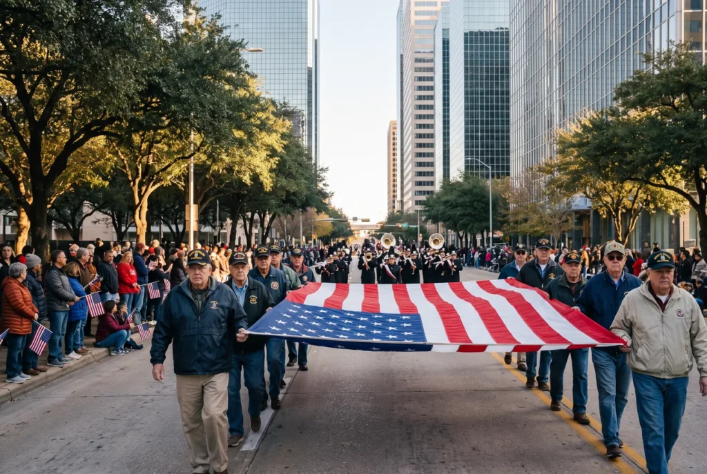 Veterans in unit ball caps marching through downtown Houston on a clear November day, spectators with small American flags on the kerb and glass office towers rising behind them